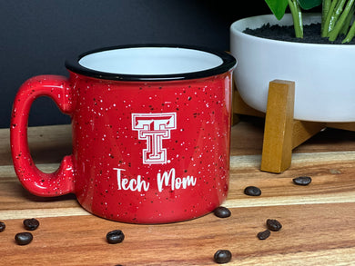 Red with white and black spots camp style mug, with  Texas Tech logo and Tech Mom deep etched and sand blasted into ceramic mug