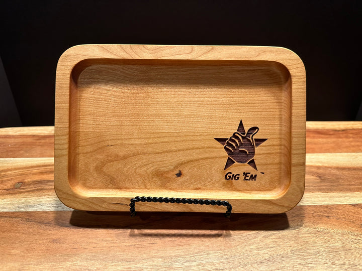 Texas A&M University Aggie Ring Tray in Solid Cherry Wood with Gig 'Em engraved on it