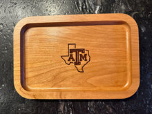 Load image into Gallery viewer, Texas A&amp;M University Aggie Ring Tray in Solid Cherry wood, with state of Texas Outline engraved on it
