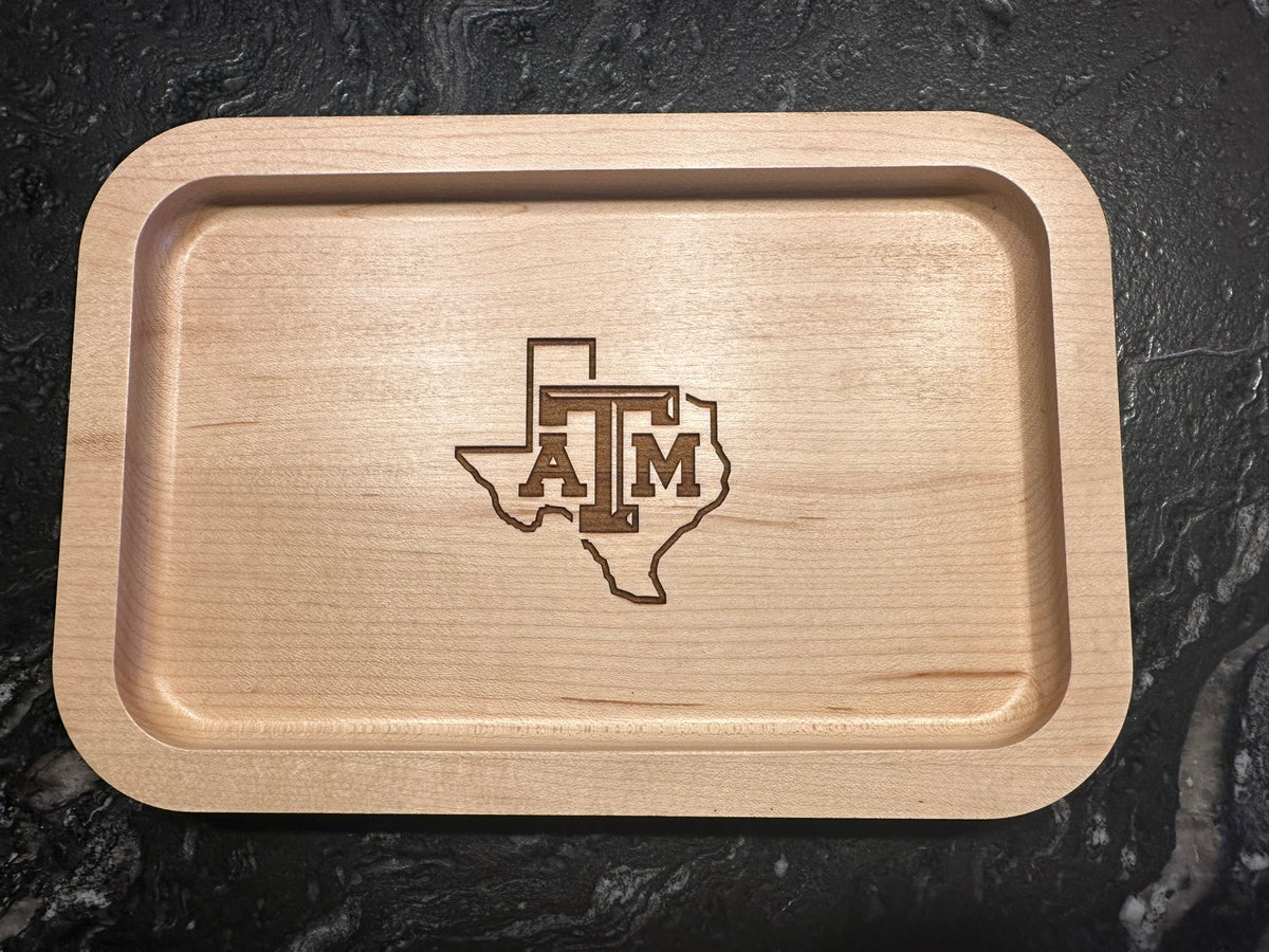 Texas A&M University Aggie Ring Tray in Solid Maple wood, with state of Texas Outline engraved on it