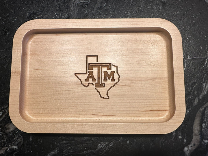 Texas A&M University Aggie Ring Tray in Solid Maple wood, with state of Texas Outline engraved on it