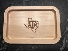 Load image into Gallery viewer, Texas A&amp;M University Aggie Ring Tray in Solid Maple wood, with state of Texas Outline engraved on it
