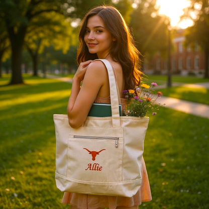 University of Texas Personalized Custom Embroidered 19L Canvas Tote Bag with Zipper Closure