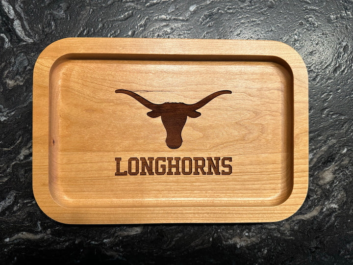 University of Texas at Austin Cherry Wood Ring Tray with Outline of a Texas Longhorn skull laying on black surface