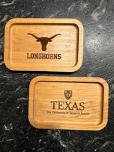 Load image into Gallery viewer, Two Cherry Wood University of Texas Ring Trays, one with University Crest and the other with a Longhorn Skull Outline
