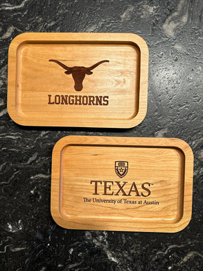 Two Cherry Wood University of Texas Ring Trays, one with University Crest and the other with a Longhorn Skull Outline