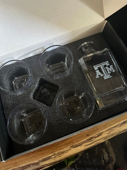 Engraved Sand Carved Texas A&M Decanter and Rocks Glass Sets