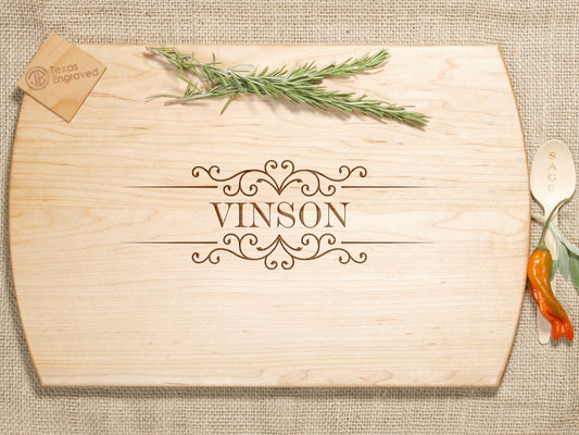 Personalized Engraved Cutting Board, Elegant Last Name Flourishes- D11