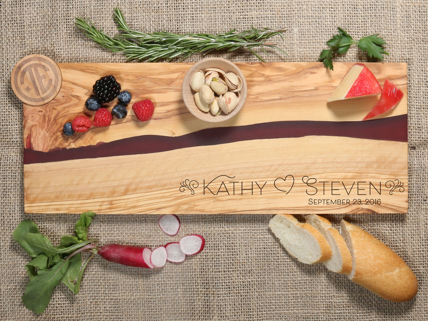 Couple and Special Date River of Resin Olive Wood Charcuterie Board - D17
