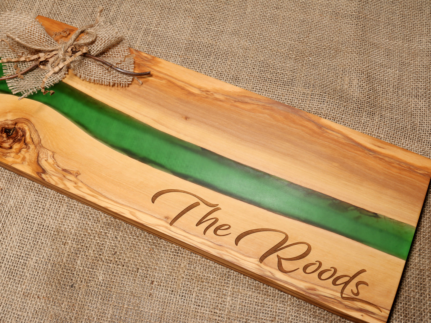Elegant Family Name River of Resin Olive Wood Charcuterie Board - D34