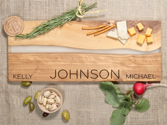 Couple and Family Name River of Resin Olive Wood Charcuterie Board - D36