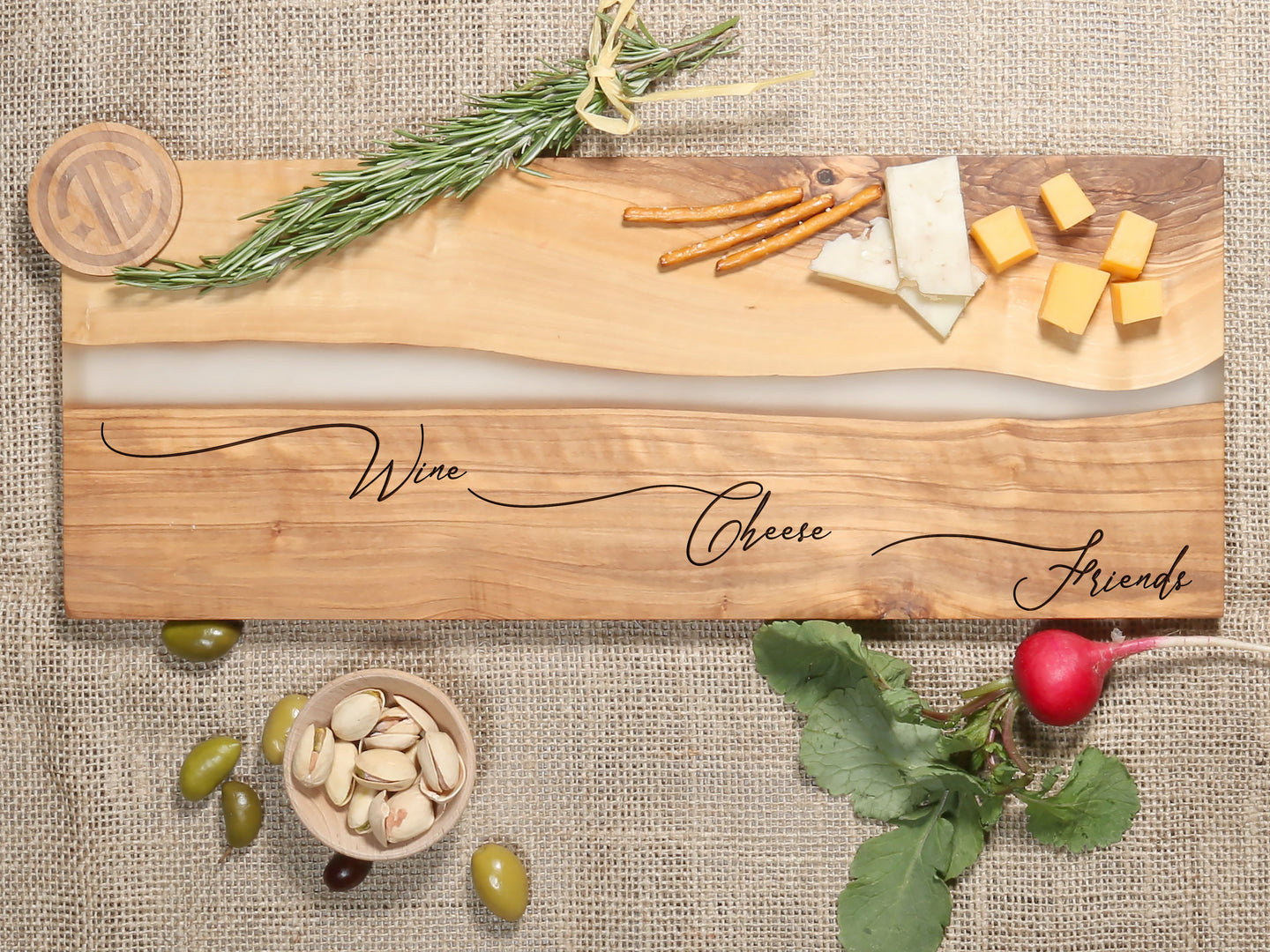 Personalized Engraved Olive Wood Charcuterie Board with Resin - D46