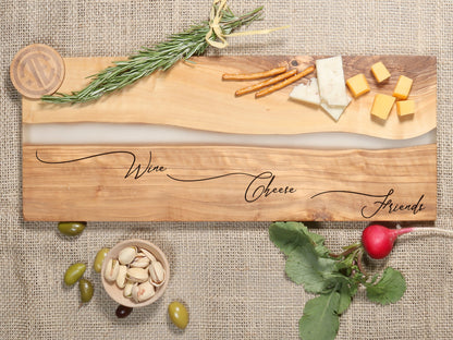 "Wine Cheese Friends" River of Resin Olive Wood Charcuterie Board - D46