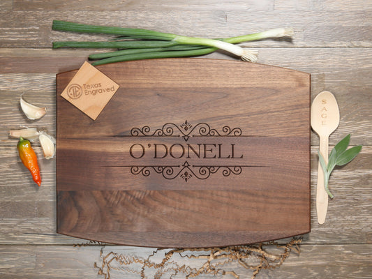 Last Name with Flourishes Personalized Cutting Board - D8