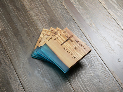 4-Inch Square "Shoreline" Resin and Olive Wood Coaster Set of 4