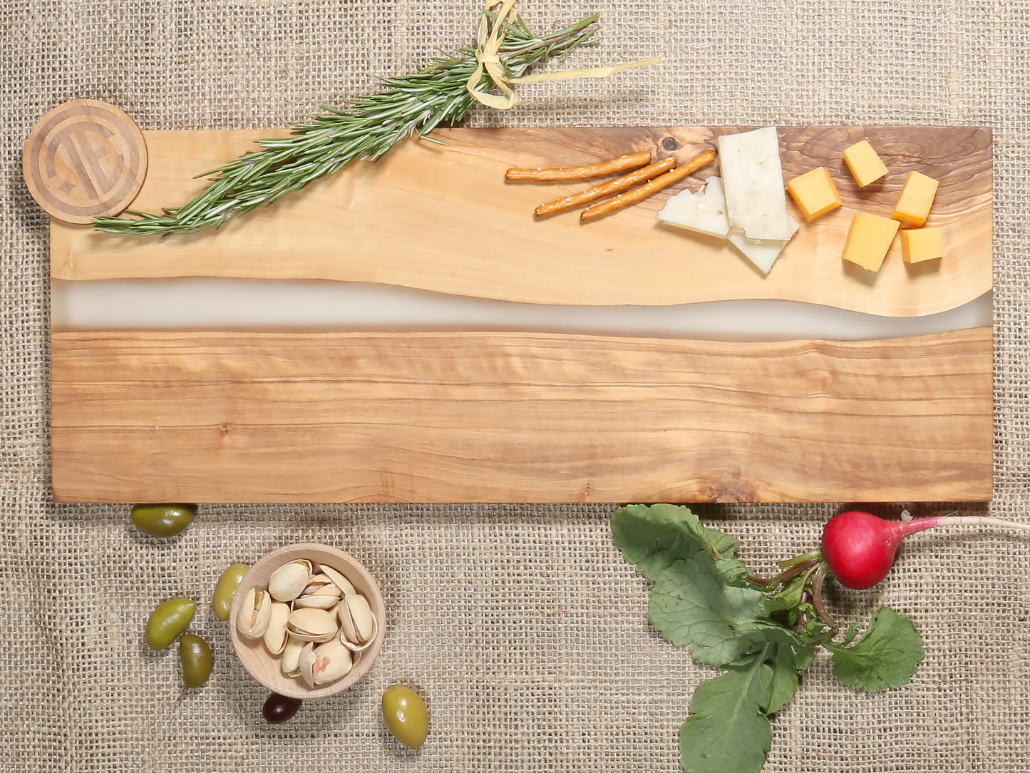 Elegant Family Name River of Resin Olive Wood Charcuterie Board - D34