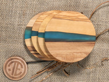 Load image into Gallery viewer, 4-Inch Round &quot;River of Resin&quot; Olive Wood Coaster - Set of 4
