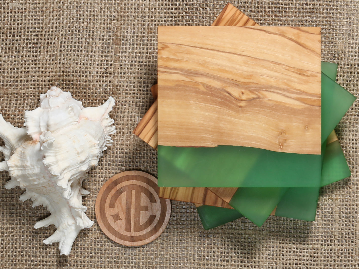 4-Inch Square "Shoreline" Resin and Olive Wood Coaster Set of 4