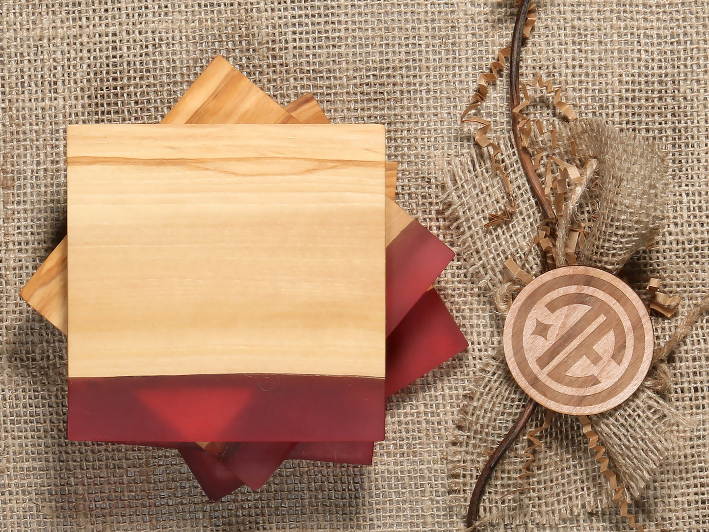 4-Inch Square "Shoreline" Resin and Olive Wood Coaster Set of 4