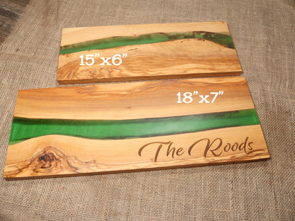 Family Name River of Resin Olive Wood Charcuterie Board - D66