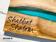 Load image into Gallery viewer, Shabbat Shalom Challah board, Jewish Wedding Engagement Gift, Olive Wood Charcuterie Board with Resin, Housewarming, Chanukah Hanukkah gift
