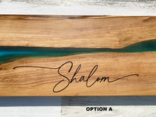 Load image into Gallery viewer, Shalom Challah board, Jewish Wedding Engagement Gift, Olive Wood Charcuterie Board with Resin, Housewarming, Chanukah Hanukkah gift
