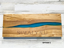 Load image into Gallery viewer, Shalom Y&#39;all Challah board, Jewish Wedding Engagement Gift, Olive Wood Charcuterie Board with Resin, Housewarming, Chanukah Hanukkah gift
