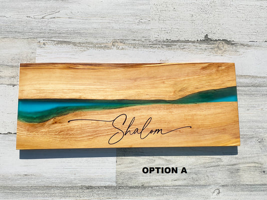 Shalom Challah board, Jewish Wedding Engagement Gift, Olive Wood Charcuterie Board with Resin, Housewarming, Chanukah Hanukkah gift