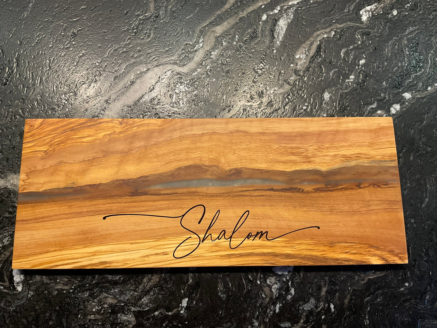 Shalom Challah board, Jewish Wedding Engagement Gift, Olive Wood Charcuterie Board with Resin, Housewarming, Chanukah Hanukkah gift