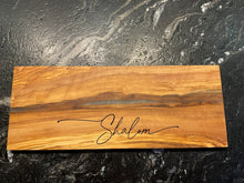 Load image into Gallery viewer, Shalom Challah board, Jewish Wedding Engagement Gift, Olive Wood Charcuterie Board with Resin, Housewarming, Chanukah Hanukkah gift
