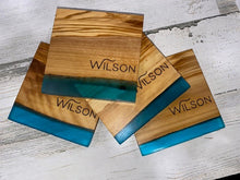 Load image into Gallery viewer, 4-Inch Square &quot;Shoreline&quot; Resin and Olive Wood Coaster Set of 4
