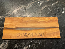 Load image into Gallery viewer, Shalom Y&#39;all Challah board, Jewish Wedding Engagement Gift, Olive Wood Charcuterie Board with Resin, Housewarming, Chanukah Hanukkah gift

